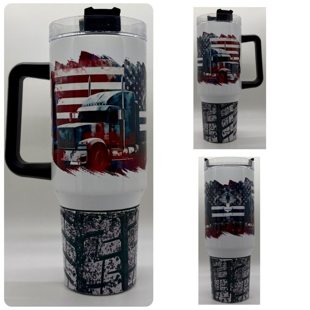"Trucker" NEW 40 oz. Stainless Steel Tumbler w/Handle & Straw